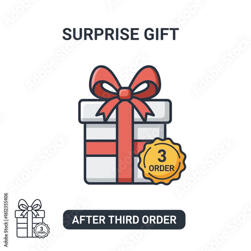 A stylized illustration of a white gift box with a red ribbon and bow, accompanied by a golden "3 Order" badge.