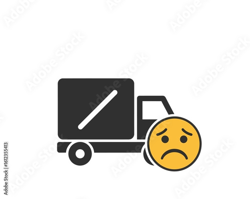 Sad delivery truck icon; delayed shipment, unhappy customer, late package.