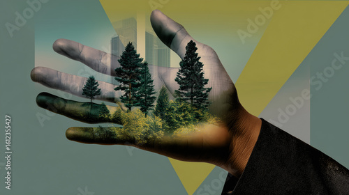 Photomontage d'une main avec un paysage d'arbres et de forêts devant des immeubles d'affaires et des entreprises : rapports RSE, finance verte, projets à impacts et développement durable