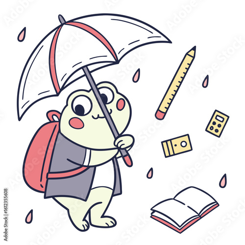Cute Bashful Froog, accessorized with under an umbrella, in a Back to school world – Chalkboard Fun palette vector