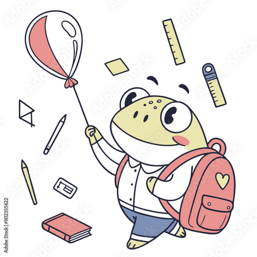 Cute Mischievous Froog, accessorized with with a balloon, in a Back to school world – Chalkboard Fun palette vector