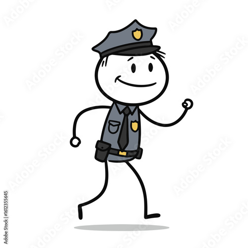 Cheerful stick figure police officer smiling and walking confidently against a plain white background, community safety concept of police services or security agencies