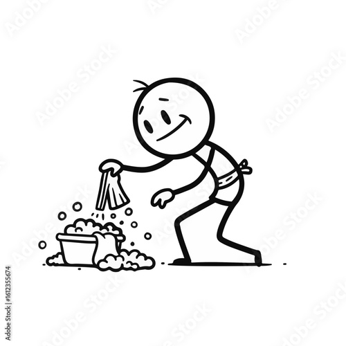 Smiling stick figure character happily cleaning a bucket filled with soap and bubbles on a minimalist background, fun concept of cleaning service or home care