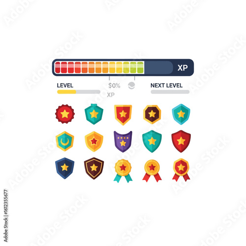 Colorful game UI elements: progress bar, level indicator, and assorted achievement badges.