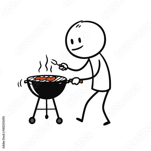 Happy stick figure grilling sausages on a barbecue with smoke rising against a white background, summertime concept of BBQ or outdoor cooking