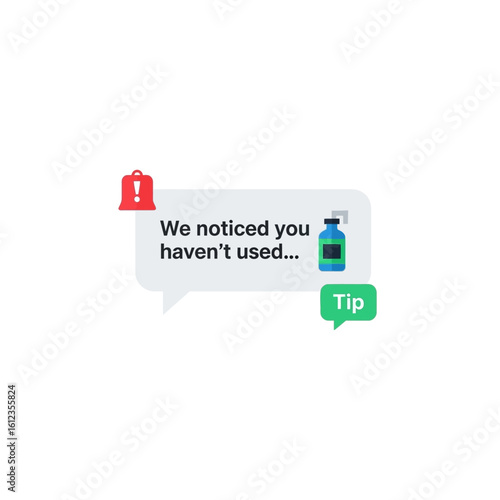 A digital notification message about a neglected tip, featuring a warning symbol and a bottle icon.