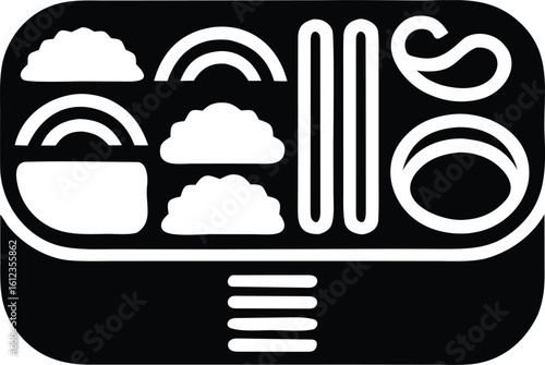Stylized bento box icon with dumplings and chopsticks black and white