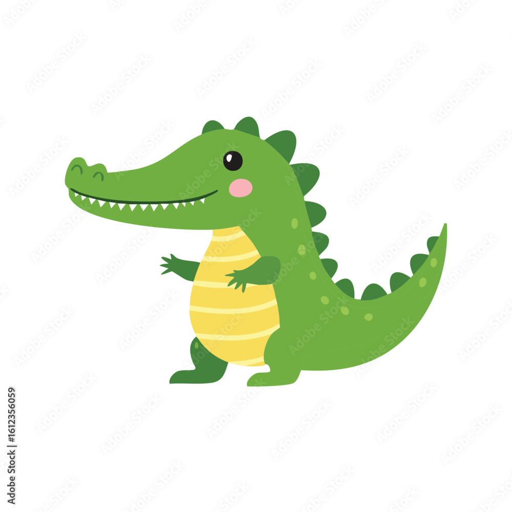 Obraz premium A cheerful cartoon illustration of a friendly, smiling green alligator. This illustration is full of charm and whimsy