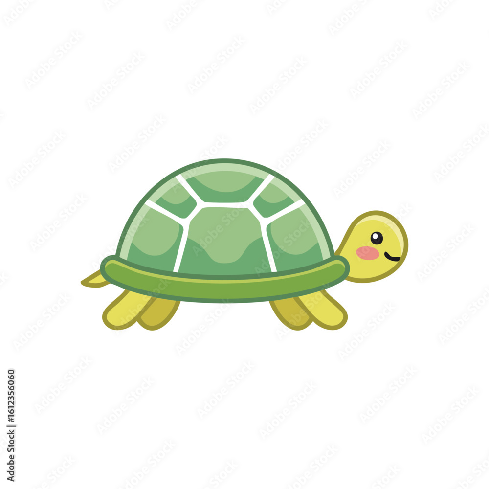 Obraz premium A cute green cartoon turtle, with a smiling expression and shell