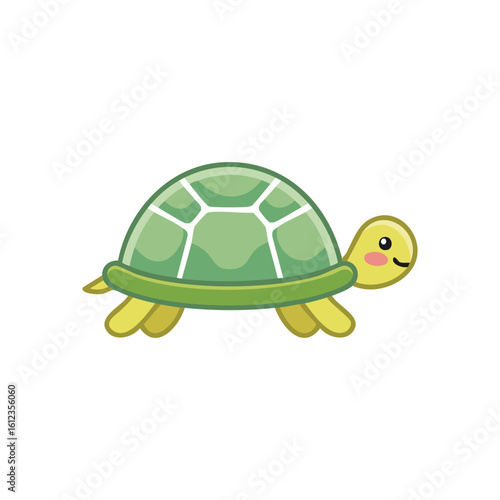 A cute green cartoon turtle, with a smiling expression and shell