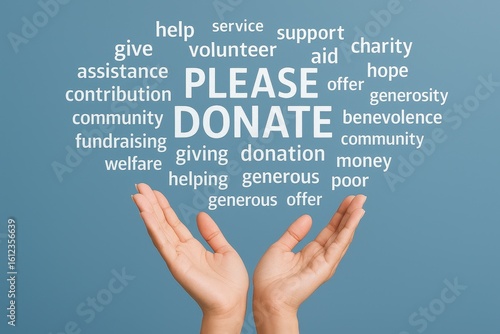 Fundraising word cloud with cupped hands showing donation appeal charitable requests and community support needs