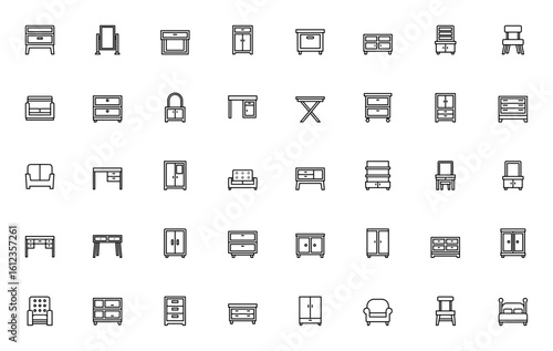 Furniture and household icon set. Minimal vector illustrations. Includes cabinet, mirror, storage, table, chair, sofa, wardrobe, shelf, dressing table, desk, bed and more. Editable stroke.