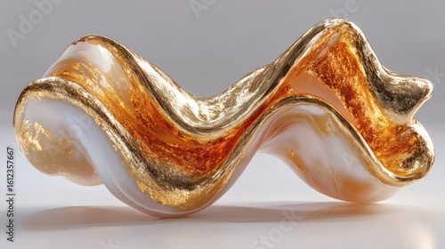 Abstract Organic Sculpture with Metallic Gold and White Swirls on Gray Background