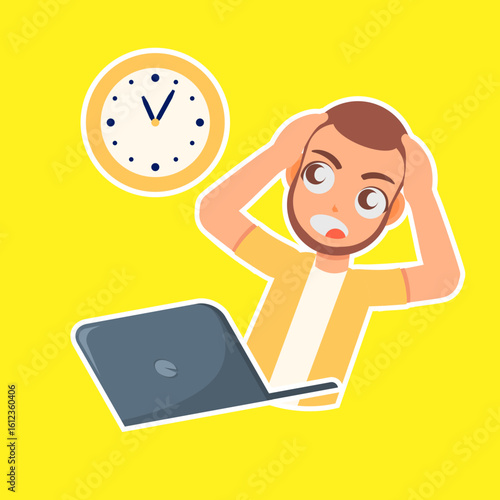 Deadline Dilemma: A stressed individual frantically grasps his head in exasperation, a stark visual representation of the pressing deadline, amplified by the looming clock.