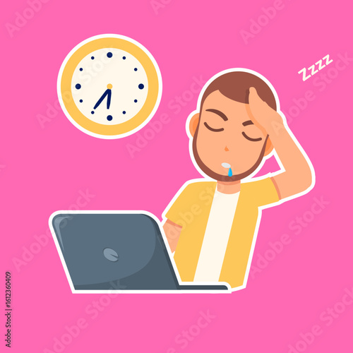 Sleeping at Work: A weary individual slumbers at his desk, head resting on his hand. The time ticks away as the laptop remains open. This illustration captures a moment of exhaustion in the workplace.