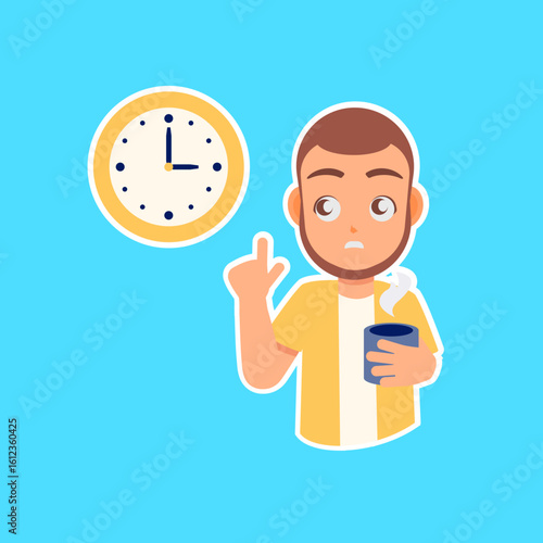 Coffee Break Dilemma: A person, mug in hand, watches the clock in contemplation, the dilemma of a break captured in a moment of contemplation and anticipation.