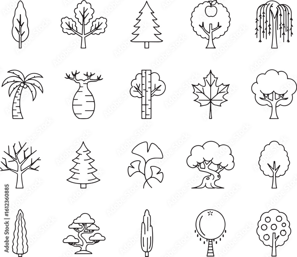Fototapeta premium Diverse Tree Icons A Collection of Line Art