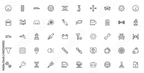 Car service and maintenance icon set. Auto repair vector icons. Includes performance, tyre, steering wheel, garage, engine, brakes, spark plug, tools and more. Editable stroke illustration.