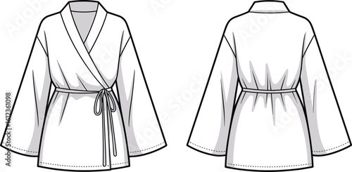 Kimono wrap top front and back view, fashion CAD drawing, flat vector illustration, garment template, technical sketch, clothing design
