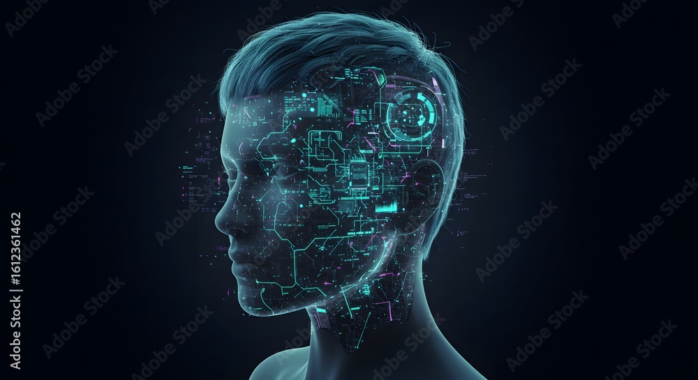 Obraz premium Humanoid Digital Interface with Circuitry and Data Overlay on Dark Background