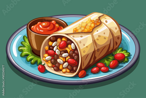 Vector illustration of a delicious Mexican burrito with rice, beans, hot salsa, and tortilla wrap. Perfect for food menu, street food, and restaurant promotion