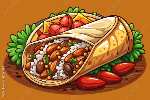 Vector illustration of a delicious Mexican burrito with rice, beans, hot salsa, and tortilla wrap. Perfect for food menu, street food, and restaurant promotion