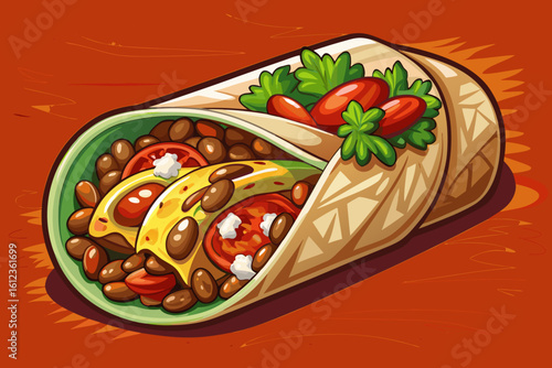 Vector illustration of a delicious Mexican burrito with rice, beans, hot salsa, and tortilla wrap. Perfect for food menu, street food, and restaurant promotion