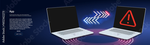 Two laptops with dark screens and warning signs on one are illustrated against a digital background. This setup highlights the importance of cybersecurity awareness and training.