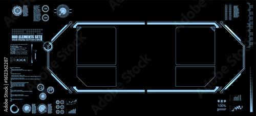 This digital interface features a sleek design with glowing blue elements, showcasing various overlay panels. Ideal for science fiction themes or technology-related projects.