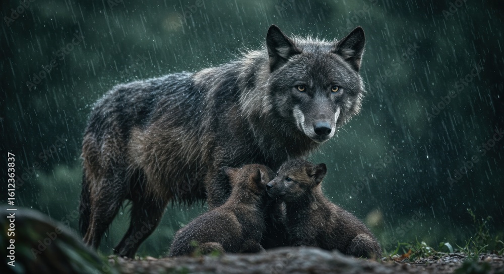 Obraz premium Gray wolf with pups in rain