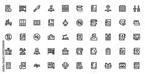 Library icon set. Minimal vector icons pack. Includes symbols for books, reading, shelf, files, research, study, archive, notebook, newspaper and more. Editable stroke.