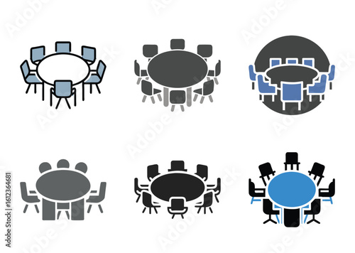 6 set Collection of meeting table and chairs icons for business meetings and conferences