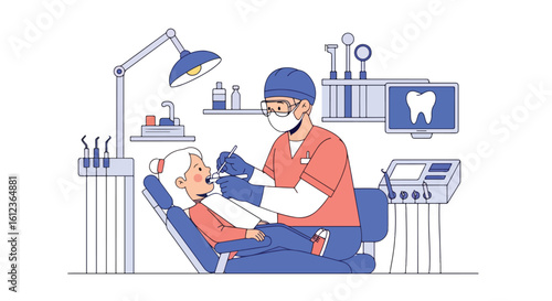 Adobe illustrator vector flat style illustration of a dentist examining a young girl's teeth in a dental clinic, emphasizing kids' dental health and oral hygiene