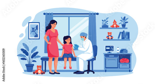 Adobe illustrator vector flat style illustration of a doctor giving a vaccination to a young kid with his mother present, emphasizing child immunization and preventative healthcare