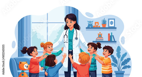 Adobe illustrator vector flat style illustration of a caring female pediatrician surrounded by many happy children, symbolizing community kids' health and wellness support