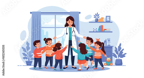 Adobe illustrator vector flat style illustration of a caring female pediatrician surrounded by many happy children, symbolizing community kids' health and wellness support