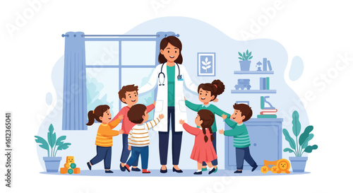 Adobe illustrator vector flat style illustration of a caring female pediatrician surrounded by many happy children, symbolizing community kids' health and wellness support