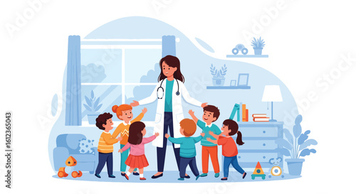 Adobe illustrator vector flat style illustration of a caring female pediatrician surrounded by many happy children, symbolizing community kids' health and wellness support