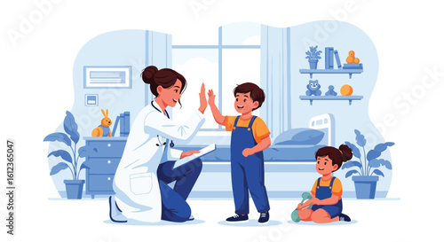 Adobe illustrator vector flat style illustration of a happy little kid giving a high-five to a friendly female pediatrician during a check-up, promoting positive kids' health experiences