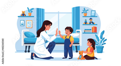 Adobe illustrator vector flat style illustration of a happy little kid giving a high-five to a friendly female pediatrician during a check-up, promoting positive kids' health experiences