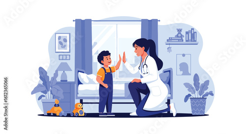 Adobe illustrator vector flat style illustration of a happy little kid giving a high-five to a friendly female pediatrician during a check-up, promoting positive kids' health experiences