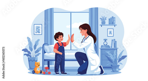 Adobe illustrator vector flat style illustration of a happy little kid giving a high-five to a friendly female pediatrician during a check-up, promoting positive kids' health experiences