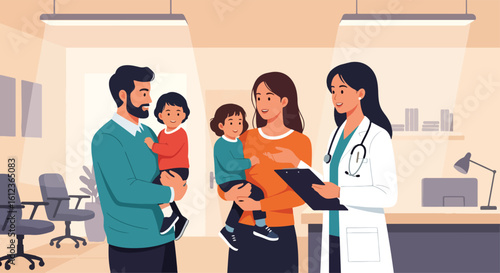 Adobe illustrator vector flat style illustration of a family with two children visiting a female pediatrician, emphasizing kids' health check-up and family well-being