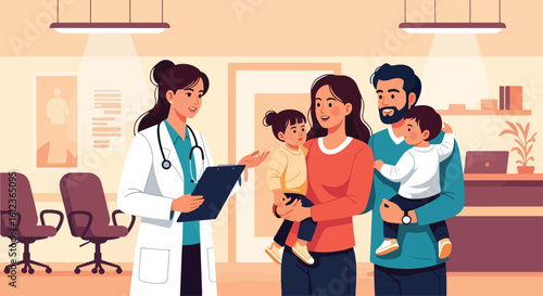 Adobe illustrator vector flat style illustration of a family with two children visiting a female pediatrician, emphasizing kids' health check-up and family well-being