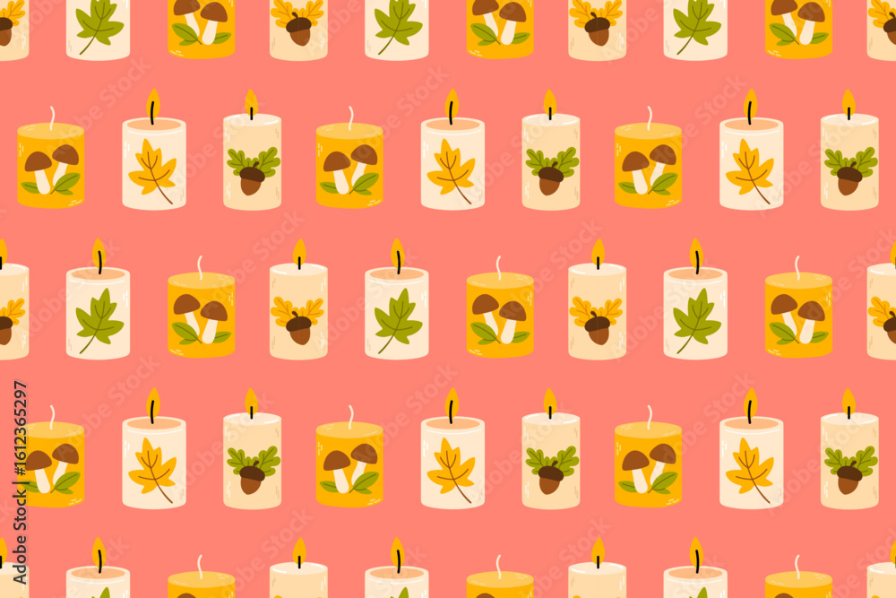Obraz premium Repeating design with cozy fall candles featuring leaves, mushrooms and berries