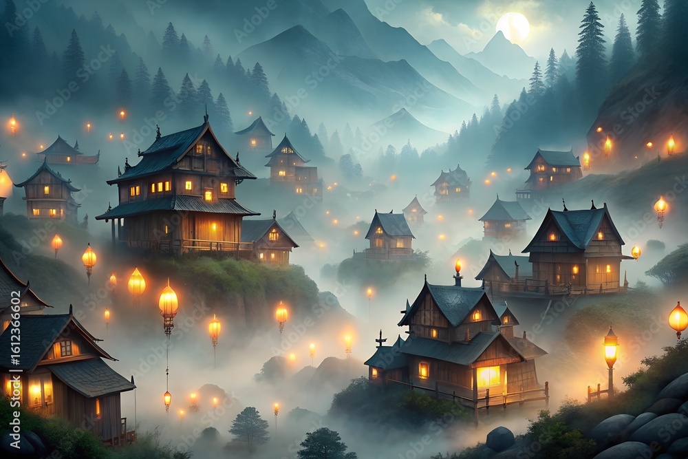 Obraz premium A mystical village nestled in misty mountains, illuminated by warm glowing lanterns at night