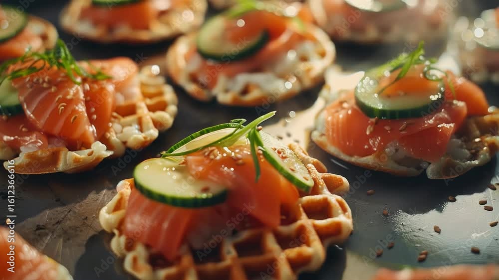A gourmet appetizer featuring smoked salmon, cucumbers, and dill on a waffle. A delicious and healthy light meal or finger food option for dinner parties. A gourmet appetizer featuring smoked salmon, cucumbers, and dill on a waffle. A delicious and healthy light meal or finger food option for dinner parties.