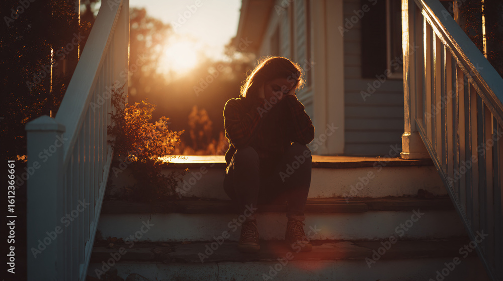 Fototapeta premium Solitude on the Porch: A silhouette of person sits alone on the steps of a house during the sunset, depicting a moment of reflection or sadness. 