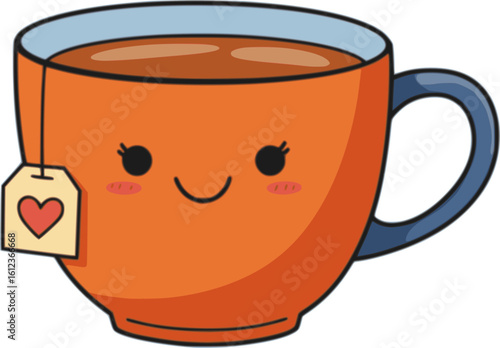 Cute tea mug with smiling heart teabag in minimal vector style. Pink cup with red, fun handle and red heart. Cozy drink illustration perfect for drink, romance and Valentine's Day design