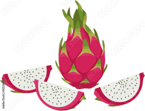Flat vector illustration of dragon fruit (pitaya) whole and sliced. Vibrant pink skin and white flesh with black seeds. Perfect for tropical, exotic, healthy food or summer-themed designs. PNG format
